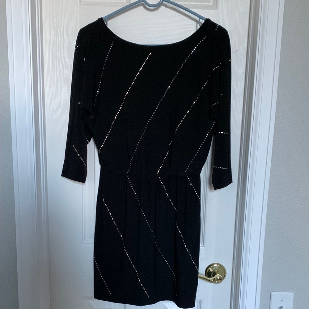 White House Black Market Elegant Black Dress with Gold and Silver Accents